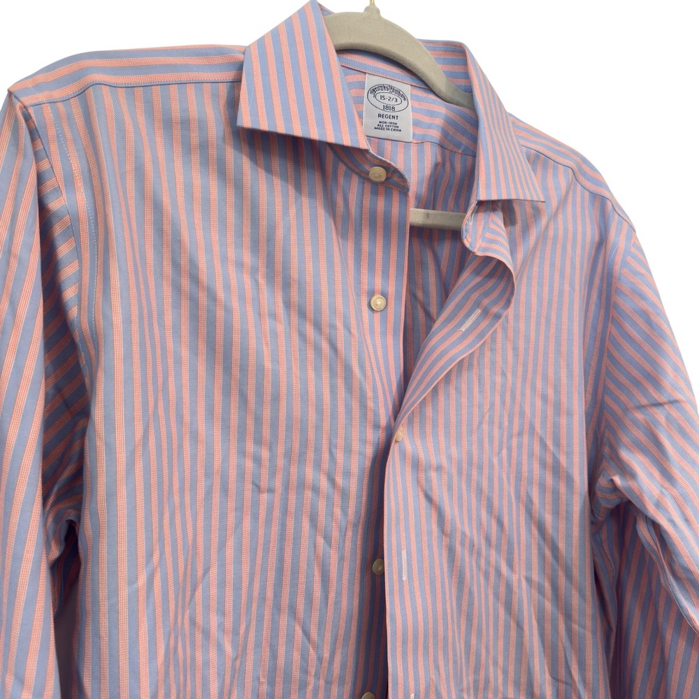 Brooks Brothers Regent Fit Dress Shirt Mens 15 32/33 Blue Pink Stripe Non-Iron
